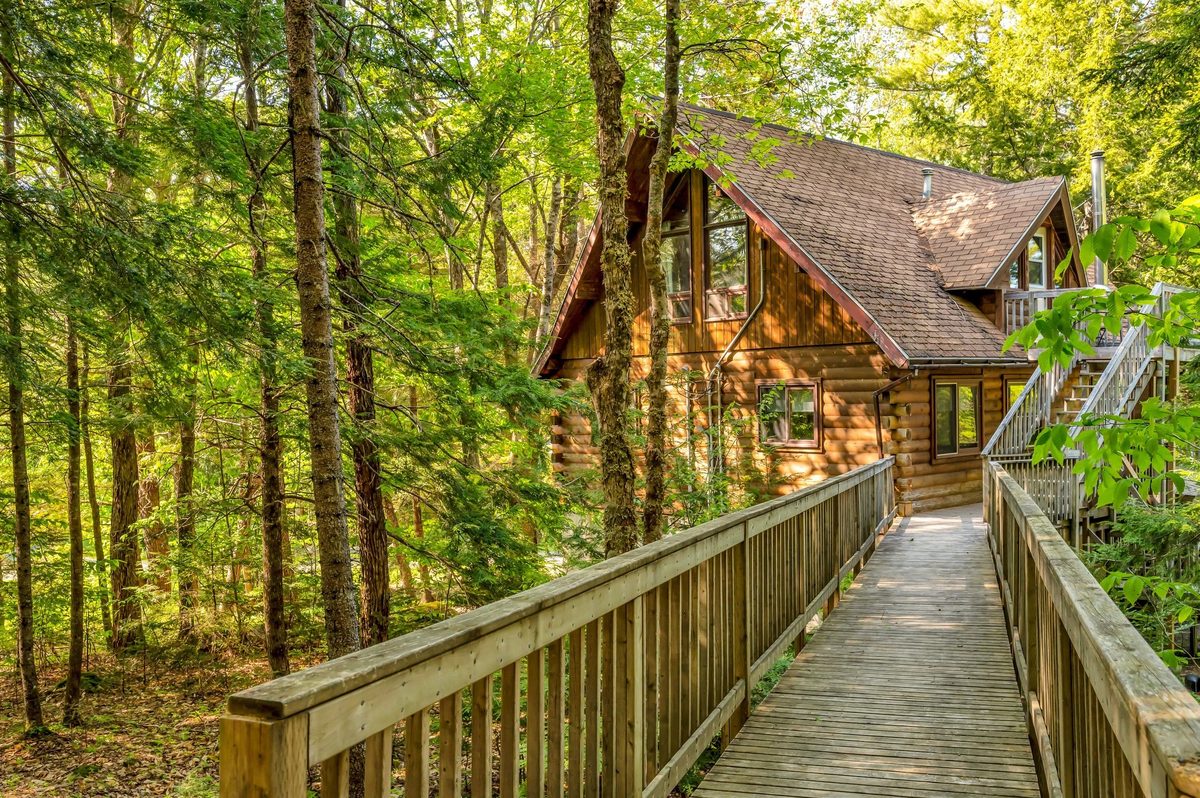 A log chalet in the forest with an accessible boardwalk
